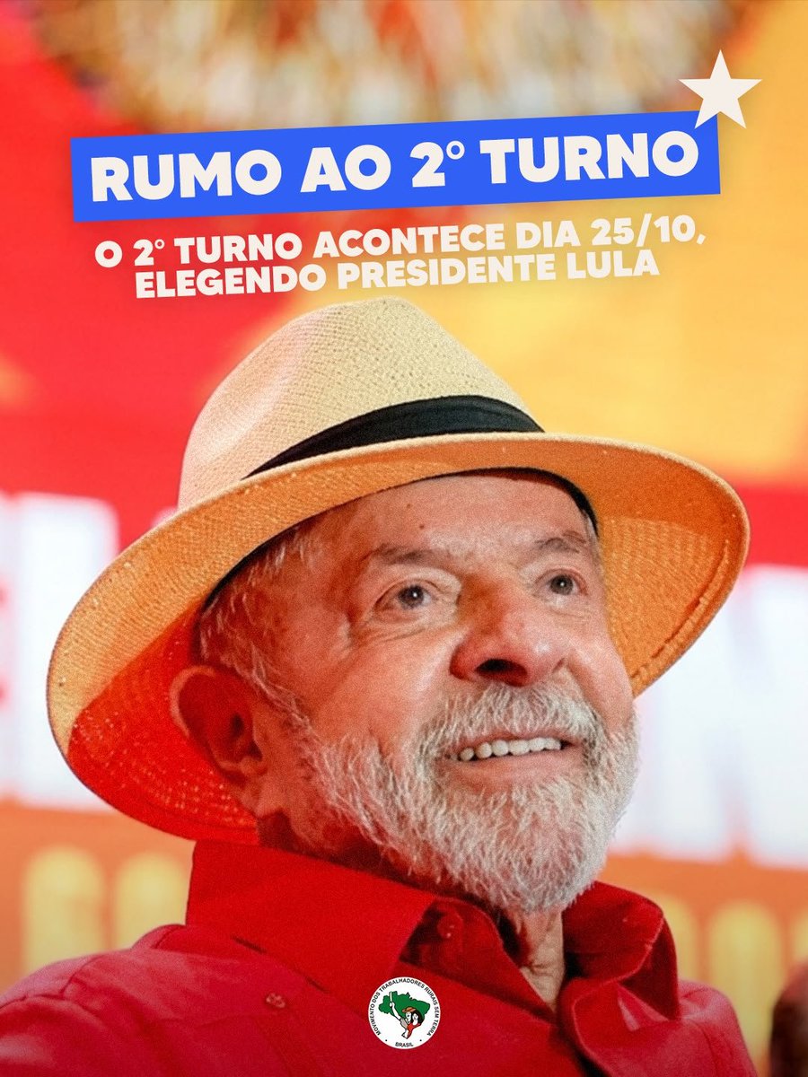 MST_Oficial's tweet photo. 🚩 RUMO AO 2º TURNO!

✊🏽 Agora é hora de fortalecer a mobilização, ampliar as conversas e ocupar as ruas para construir a vitória no 2º turno.

🇧🇷 Seguimos juntos, com organização, esperança e luta por um Brasil soberano e popular. https://t.co/5P66ljiDou