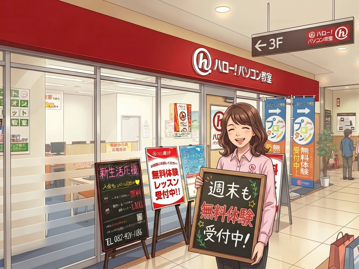 H_H_hello_PC_'s tweet photo. 【週末はお買い物ついでに無料体験へ🛍️】
ゆめタウンでお買い物中にパソコン教室の雰囲気を試してみませんか？
10月限定で【入会金半額＆受講料1,100円】特典実施中✨初心者の方も大歓迎です！お気軽にお越しください😊
#無料体験 #週末習い事 #東広島 https://t.co/xjNrHtGxGW