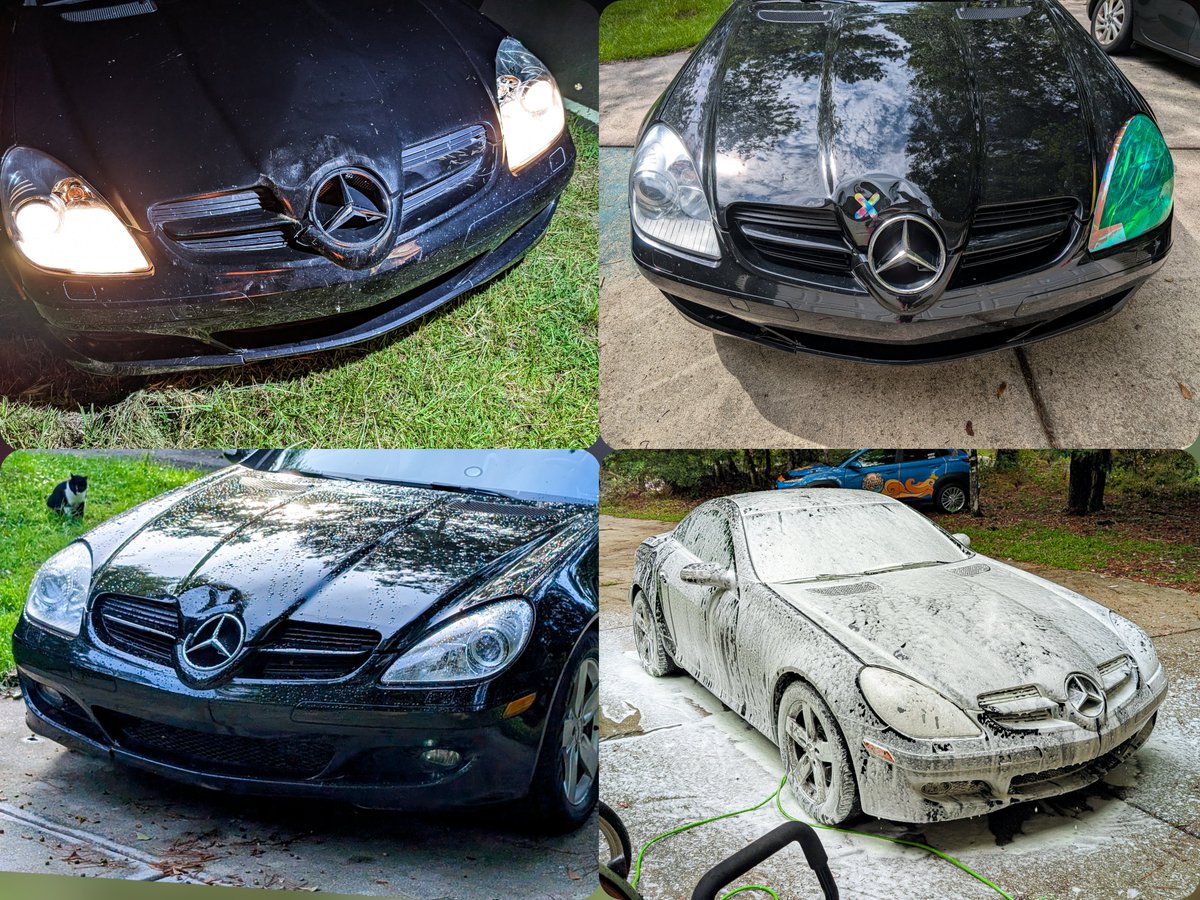 AdahopAda's tweet photo. I'm feeling accomplished about this. 🥰 My 20-year-old lil' baby Mercedes is my daily driver, and it's been damaged since last year from a deer strike. Violet and I were out on a chill nighttime cruise with the top down when a full-grown buck suddenly sprinted out in front of us.

It looked like he was going to run the opposite direction but spun around at the last second as we decelerated rapidly from 60 down to 25 mph by the time we collided. His legs got swept out from under him by my front end. He broke my bumper, dented my hood's beautiful nose, bent a fender, broke the emblem, and shattered a headlight lens before landing center-mass on my windshield, barrel rolling INCHES over our heads, before landing on the opposite side of the highway and continuing to run.

That was July of 2025, and I am happy to say she is making a full recovery. 🥹 The stalwart little machine saved our lives that night (second time this car has saved me) and I'm so happy to have her looking good again. 

I disassembled my headlight to reuse the good parts, and replaced the lens and a couple bits for $30. I bought a replacement hood and bumper off a scrap car for $300. I did the bumper myself and a friend helped me with the hood. We also fixed the windshield washer squirty boys while replacing the hood. YAY!

Total cost of repairs was about $330 for the damage directly from the deer. My insurance deductible alone would have been $500. It took a year to get up the motivation but hell yeah I did it. 😎

I also just replaced the 9-year-old battery, got her back on a matching set of wheels, installed a three camera dash cam, did oil, inspection, yadda yadda. 🥰

Here she is at various stages of damage, as well as just after a bath today.

Massive thanks to Dana and TJ for help transporting and installing the big heavy stuff.