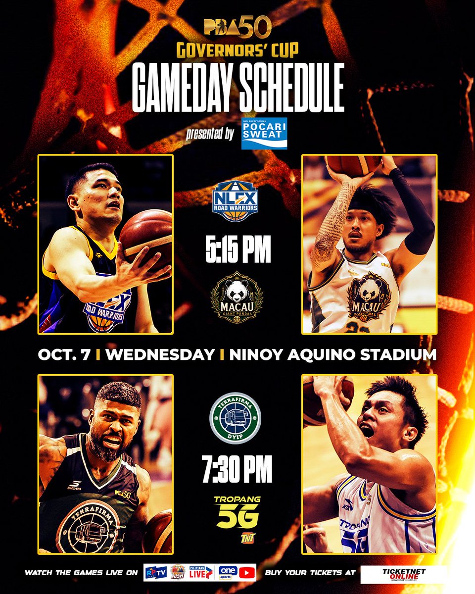pbaconnect's tweet photo. Balik #PBA50GovsCup Elims WEDNESDAY - October 7 at Ninoy Aquino Stadium schedule brought to us by @PocariSweatPH 
 
 5:15 PM 
 🏀 NLEX Road Warriors vs. MACAU Giant Pandas
 
 7:30 PM
 🏀 TERRAFIRMA Dyip vs. TNT Tropang 5G

 #PBA50 #PBA50LID https://t.co/2tUEGvX5hG