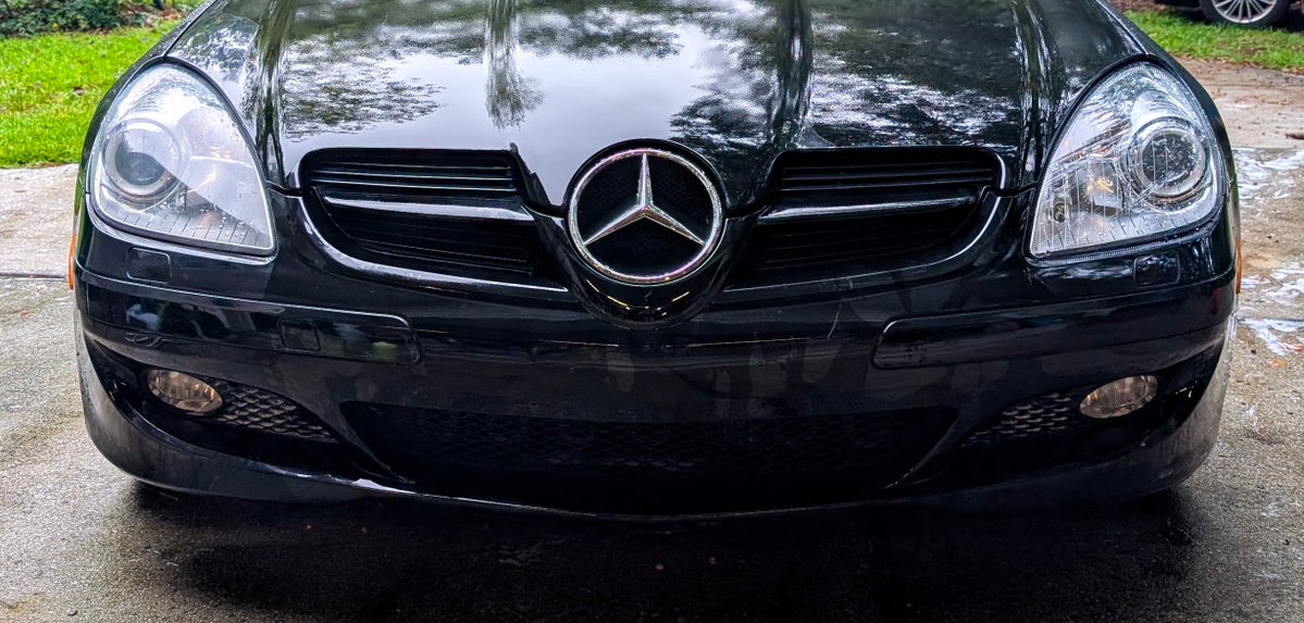 AdahopAda's tweet photo. I'm feeling accomplished about this. 🥰 My 20-year-old lil' baby Mercedes is my daily driver, and it's been damaged since last year from a deer strike. Violet and I were out on a chill nighttime cruise with the top down when a full-grown buck suddenly sprinted out in front of us.

It looked like he was going to run the opposite direction but spun around at the last second as we decelerated rapidly from 60 down to 25 mph by the time we collided. His legs got swept out from under him by my front end. He broke my bumper, dented my hood's beautiful nose, bent a fender, broke the emblem, and shattered a headlight lens before landing center-mass on my windshield, barrel rolling INCHES over our heads, before landing on the opposite side of the highway and continuing to run.

That was July of 2025, and I am happy to say she is making a full recovery. 🥹 The stalwart little machine saved our lives that night (second time this car has saved me) and I'm so happy to have her looking good again. 

I disassembled my headlight to reuse the good parts, and replaced the lens and a couple bits for $30. I bought a replacement hood and bumper off a scrap car for $300. I did the bumper myself and a friend helped me with the hood. We also fixed the windshield washer squirty boys while replacing the hood. YAY!

Total cost of repairs was about $330 for the damage directly from the deer. My insurance deductible alone would have been $500. It took a year to get up the motivation but hell yeah I did it. 😎

I also just replaced the 9-year-old battery, got her back on a matching set of wheels, installed a three camera dash cam, did oil, inspection, yadda yadda. 🥰

Here she is at various stages of damage, as well as just after a bath today.

Massive thanks to Dana and TJ for help transporting and installing the big heavy stuff.