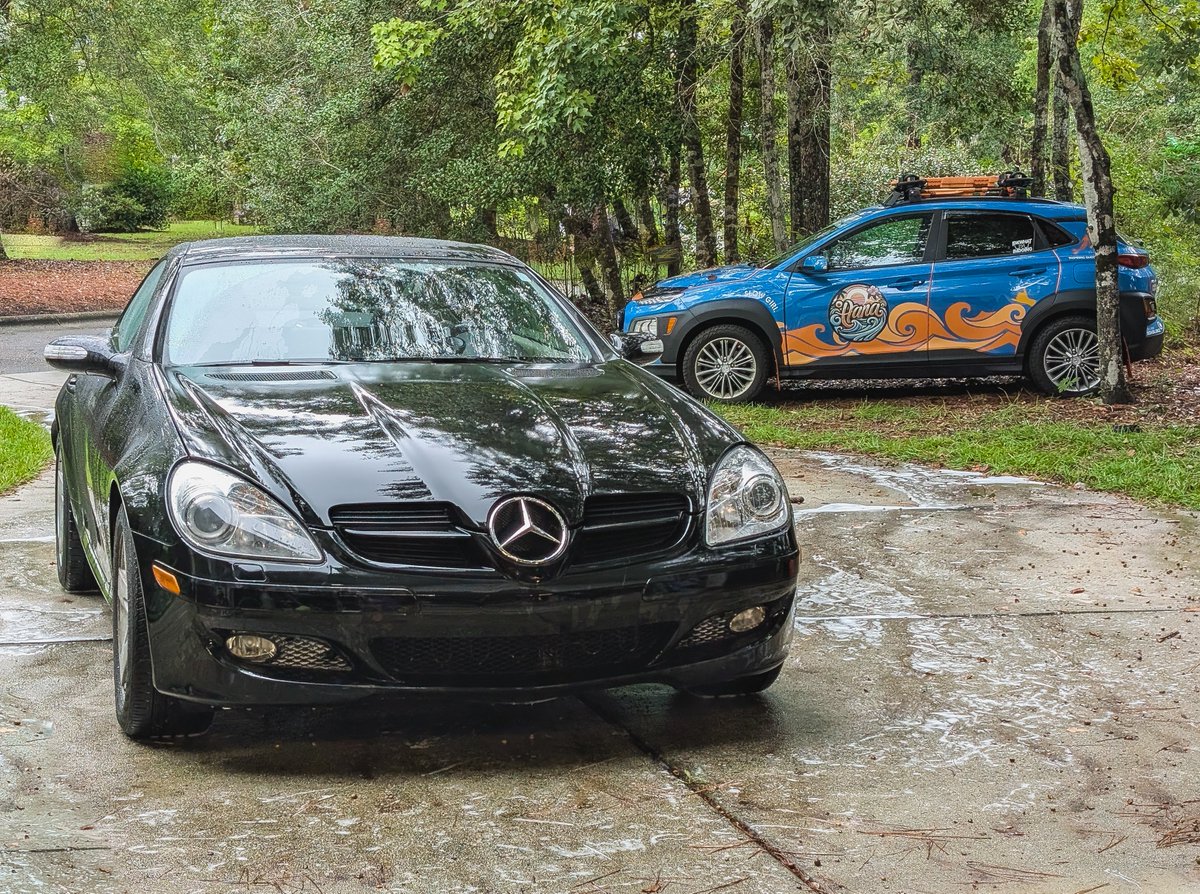 AdahopAda's tweet photo. I'm feeling accomplished about this. 🥰 My 20-year-old lil' baby Mercedes is my daily driver, and it's been damaged since last year from a deer strike. Violet and I were out on a chill nighttime cruise with the top down when a full-grown buck suddenly sprinted out in front of us.

It looked like he was going to run the opposite direction but spun around at the last second as we decelerated rapidly from 60 down to 25 mph by the time we collided. His legs got swept out from under him by my front end. He broke my bumper, dented my hood's beautiful nose, bent a fender, broke the emblem, and shattered a headlight lens before landing center-mass on my windshield, barrel rolling INCHES over our heads, before landing on the opposite side of the highway and continuing to run.

That was July of 2025, and I am happy to say she is making a full recovery. 🥹 The stalwart little machine saved our lives that night (second time this car has saved me) and I'm so happy to have her looking good again. 

I disassembled my headlight to reuse the good parts, and replaced the lens and a couple bits for $30. I bought a replacement hood and bumper off a scrap car for $300. I did the bumper myself and a friend helped me with the hood. We also fixed the windshield washer squirty boys while replacing the hood. YAY!

Total cost of repairs was about $330 for the damage directly from the deer. My insurance deductible alone would have been $500. It took a year to get up the motivation but hell yeah I did it. 😎

I also just replaced the 9-year-old battery, got her back on a matching set of wheels, installed a three camera dash cam, did oil, inspection, yadda yadda. 🥰

Here she is at various stages of damage, as well as just after a bath today.

Massive thanks to Dana and TJ for help transporting and installing the big heavy stuff.