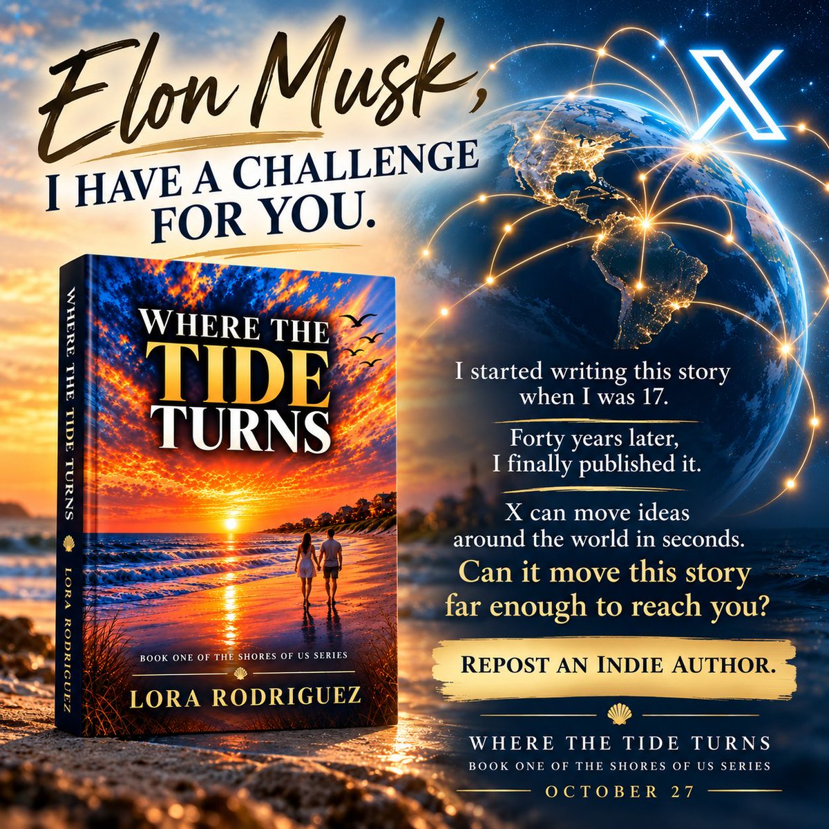 patriotofga3's tweet photo. Okay, X. I have an experiment.

I started writing this story when I was 17.
Forty years later, I finally finished it.

Where the Tide Turns officially releases October 27. 

So I have one wildly unreasonable launch goal:
Get this post in front of @elonmusk.

Elon, if X really is the world's town square, I challenge you to prove it.

Repost an indie author's book launch.
Let's see how far one story can travel.