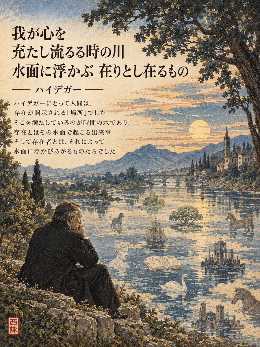 Philosophy0428's tweet photo. 我が心を 充たし流るる時の川
水面に浮かぶ 在りとし在るもの

ハイデガー

ハイデガーにとって人間は、存在が開示される「場所」でした
そこを満たしているのが時間の水であり、存在とはその水面で起こる出来事
そして存在者とは、それによって水面に浮かびあがるものたちでした
