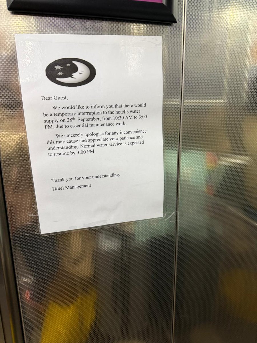 krunalbaf's tweet photo. @cust_premie Attaching the notice sticked at your hotel and also no service provided, additional they cancelled our room when we wanted the last 4 night refund they denied us and we did not officially requested for cancellation,such was your act on27 sep followed again on 30th sep https://t.co/IqrF51suhf