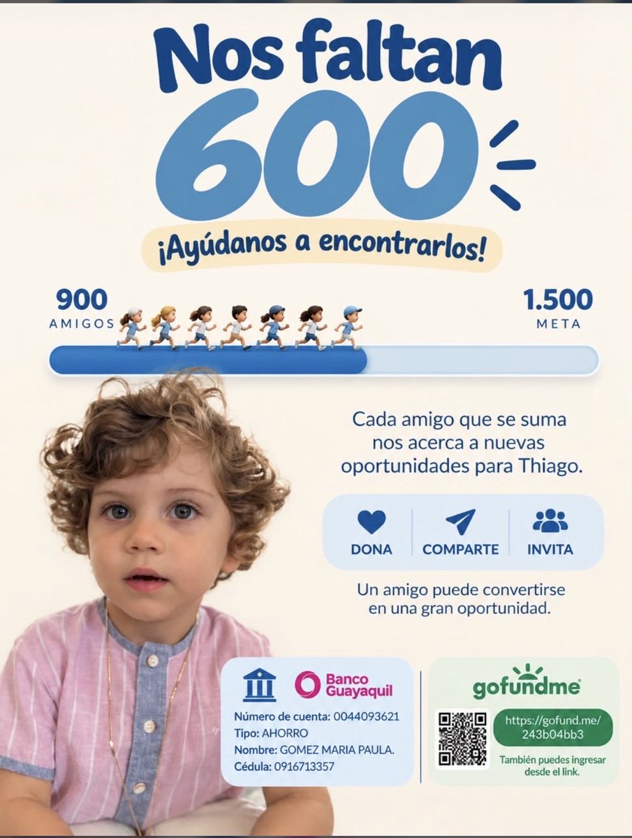 sandrayepez1's tweet photo. 💙 Seguimos buscando 600 amigos para Thiago
¡Ya somos 900! 🥹💙

Estamos cada vez más cerca de alcanzar los 1.500 amigos de Thiago, pero todavía nos faltan 600 personas que quieran sumarse a este camino.

Thiago necesita nuestra ayuda para encontrar alternativas que permitan mejorar su salud y controlar sus convulsiones, buscando que pueda tener una vida más tranquila y con menos hospitalizaciones.

Lo que comenzó como una opción para ayudarlo, hoy se ha convertido en una necesidad.

🙏 Si ya donaste, gracias.
Si puedes volver a compartir, hazlo.
Y si todavía no eres parte, puedes ser uno de esos 600 amigos que hoy necesitamos encontrar.

💙 Dona • Comparte • Invita a un amigo
Porque a veces, una pequeña ayuda puede convertirse en una gran esperanza para una familia.

Ayúdanos a llegar a los 1.500 amigos de Thiago. 🫶

#TodosPorThiago #LosAmigosDeThiago #AyudemosAThiago