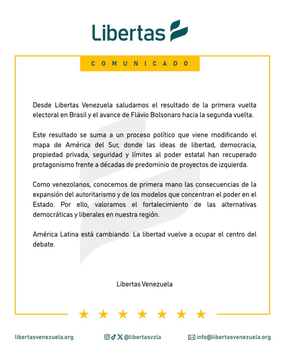 Libertasvzla's tweet photo. #COMUNICADO |  #Brasil marca un nuevo capítulo político. Flávio Bolsonaro avanza a segunda vuelta y la derecha vuelve a disputar el rumbo del país.

Desde #Venezuela sabemos lo que significa defender la libertad frente al socialismo.

🇻🇪🇧🇷 La libertad avanza en América Latina. https://t.co/dwwLLCQQd5