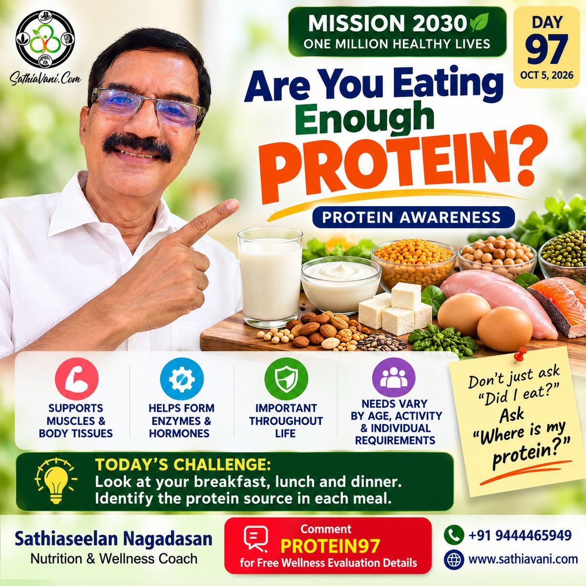 SNagadasan's tweet photo. Are you eating enough protein? 🥛🥚🌱
Don’t just ask, “Did I eat?” Ask: “Where is my protein?”
🎯 Day 97: Identify the protein source in each main meal.
💬 Comment PROTEIN97 for a Free Wellness Evaluation.
Mission 2030 • Day 97 🙏💚
#Mission2030 #ProteinAwareness https://t.co/bcE9OZMh9n