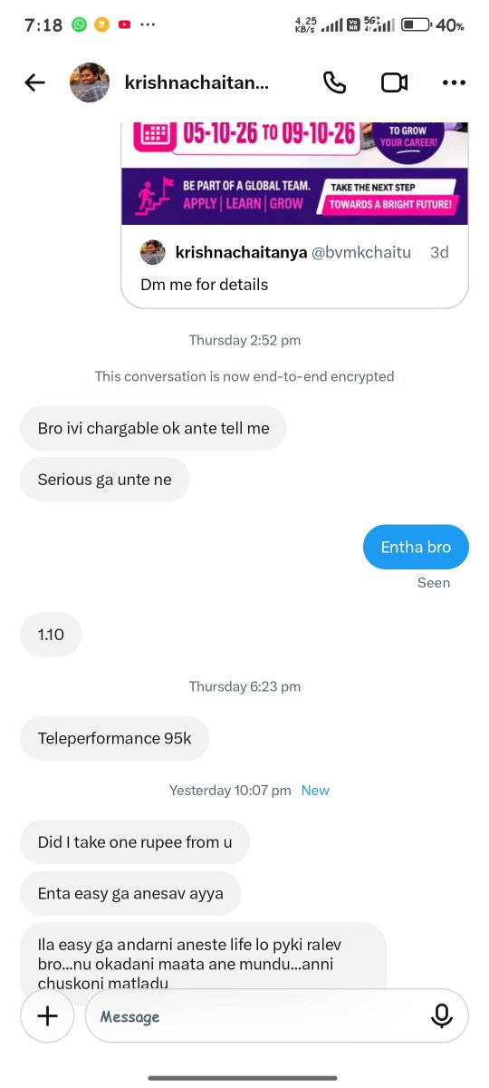ajaysaab_7's tweet photo. @bvmkchaitu First free annatlu chepthav message lo rate chepthav... Malla nijalu chepthe kinda lecture isthav paiki ralev aathulu penchalev ani 😭 https://t.co/I7zvHM7sN3