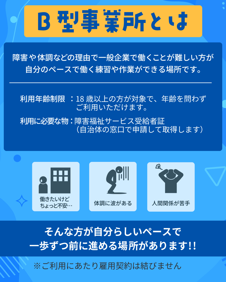 digirumi_YK's tweet photo. こんにちは！
でじるみ横浜上永谷です😊

皆さんは「B型事業所」についてご存じですか？

今回は、B型事業所について簡単に解説してみました！
ぜひご覧ください✨

#でじるみ #B型事業所 #就労継続支援B型 #上永谷 #戸塚 https://t.co/HyaLqzGWXQ
