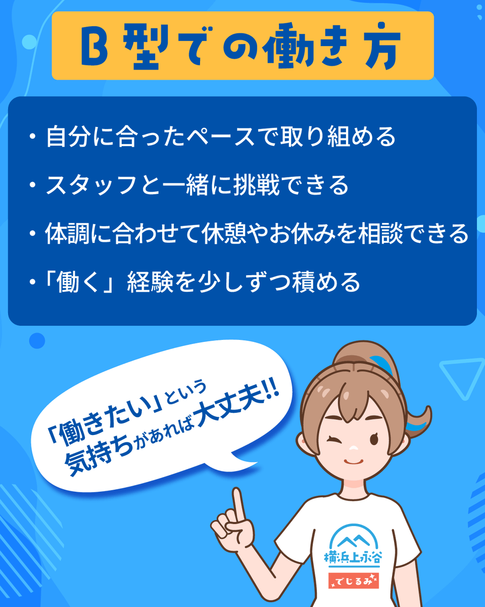 digirumi_YK's tweet photo. こんにちは！
でじるみ横浜上永谷です😊

皆さんは「B型事業所」についてご存じですか？

今回は、B型事業所について簡単に解説してみました！
ぜひご覧ください✨

#でじるみ #B型事業所 #就労継続支援B型 #上永谷 #戸塚 https://t.co/HyaLqzGWXQ