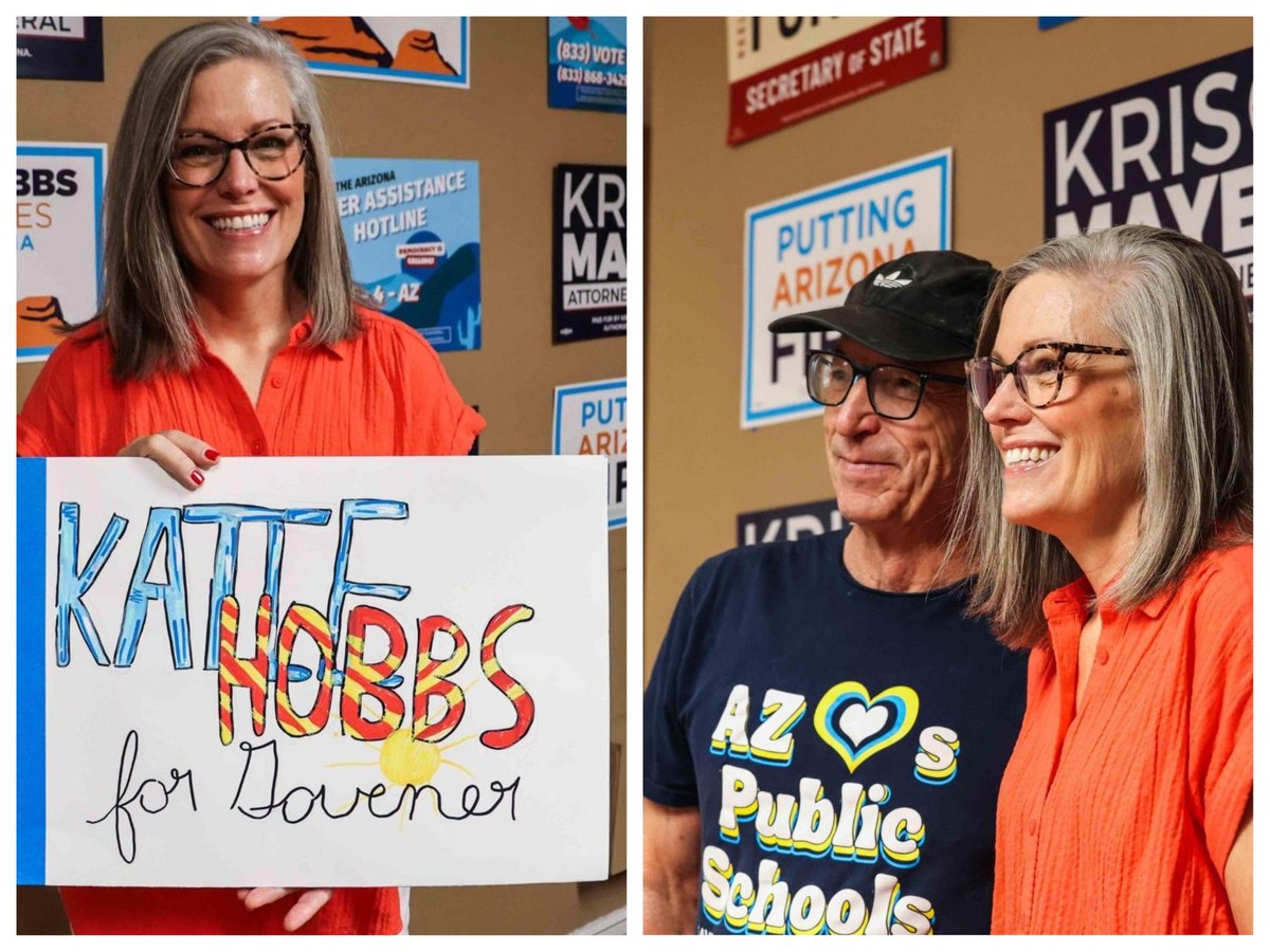 LyndaEvansurq's tweet photo. Katie holds up a sign with "governor" misspelled while posing with an AZ public school teacher. No wonder our public schools are ranked last in the nation for education! 🤦 https://t.co/VzXT9jd6Ip