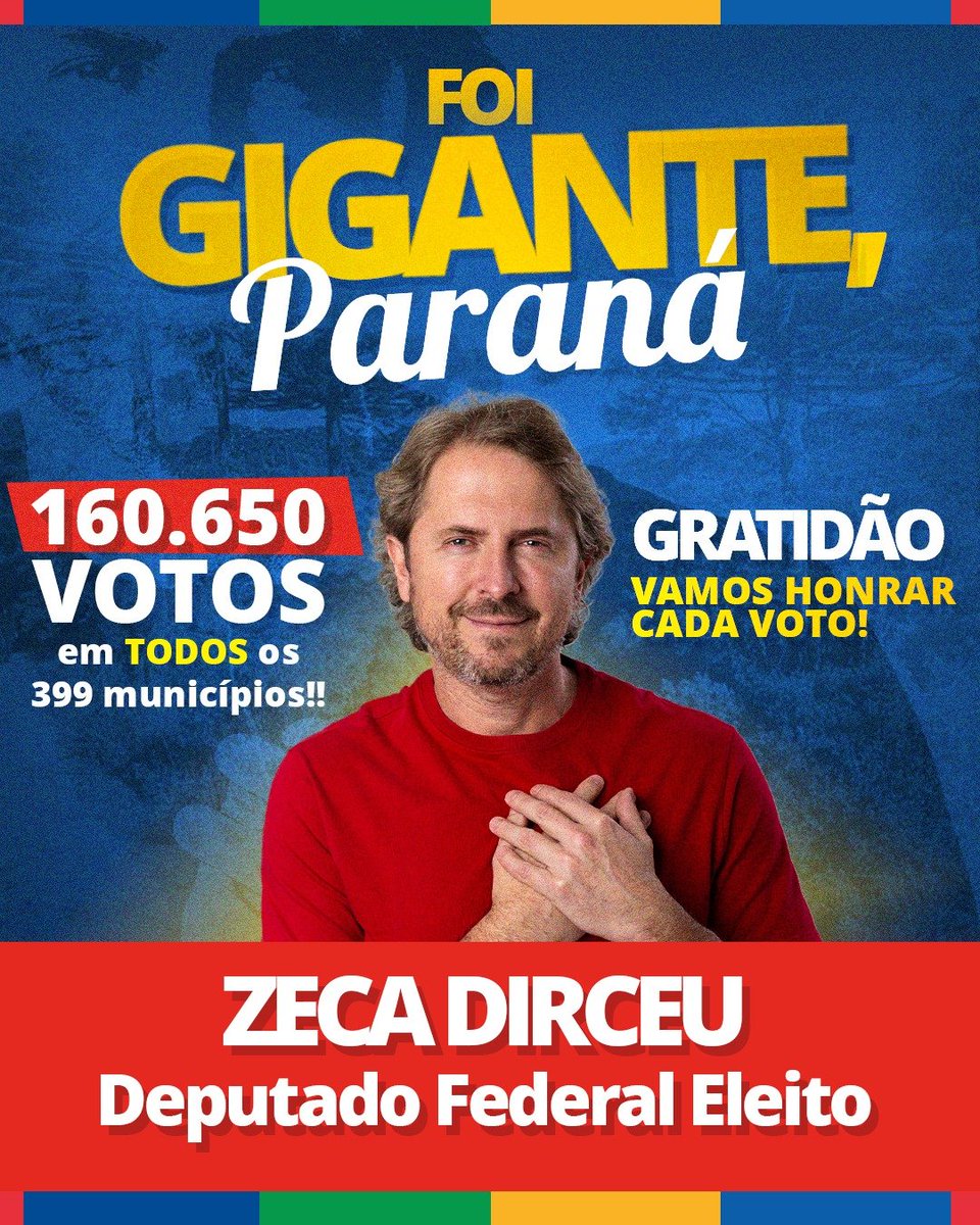 zeca_dirceu's tweet photo. DEPUTADO FEDERAL ELEITO - PT PARANÁ! 🌟

Meu coração é só gratidão! Meu compromisso é honrar com muito trabalho o carinho, confiança e cada voto que recebi. 

Um grande abraço a todas e todos que construíram junto com a gente esta vitória! https://t.co/wGQkwnFIjx