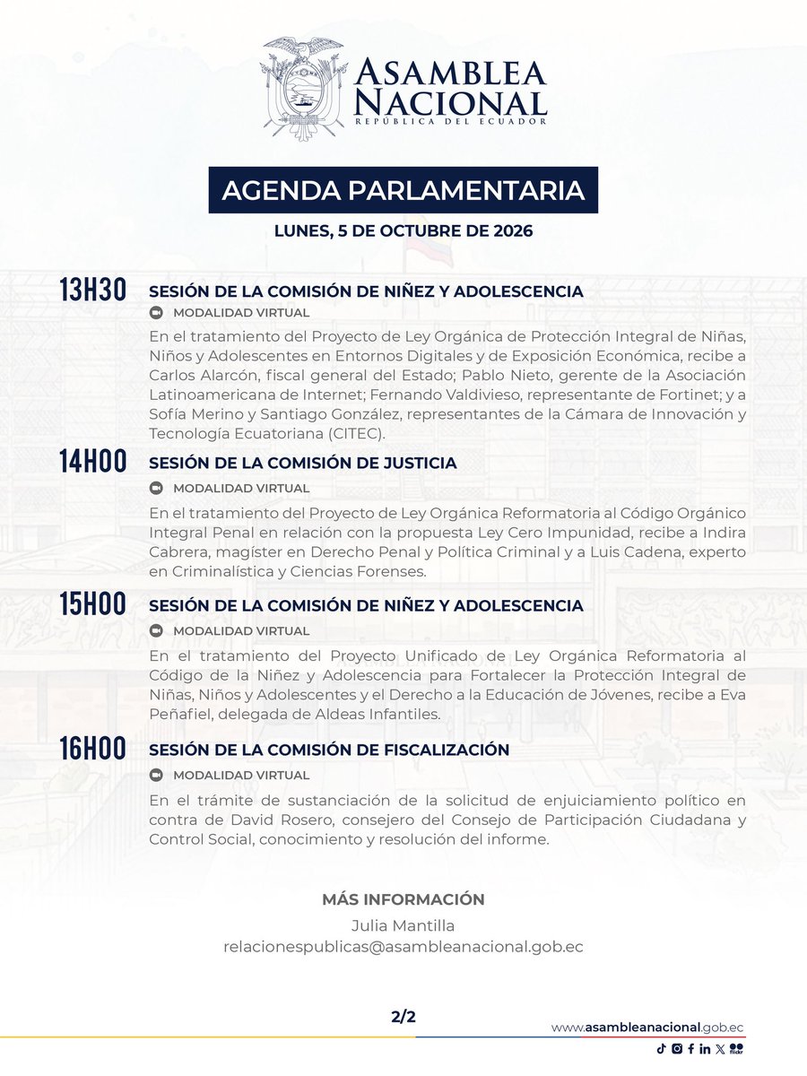 AsambleaEcuador's tweet photo. 📌 #AsambleaEc2026 | Conoce los temas destacados de la #AgendaParlamentaria para este lunes, 5 de octubre.
⚖️ @JusticiaAN: Tratamiento de la propuesta de #LeyCeroImpunidad, dentro del Proyecto de Reforma al #COIP.
🛡️@SeguridadAN: Tratamiento de la #LeyAntimafias.
🔍 @FiscalizacionAN: Conocimiento y resolución del informe sobre la solicitud de #JuicioPolítico contra David Rosero.