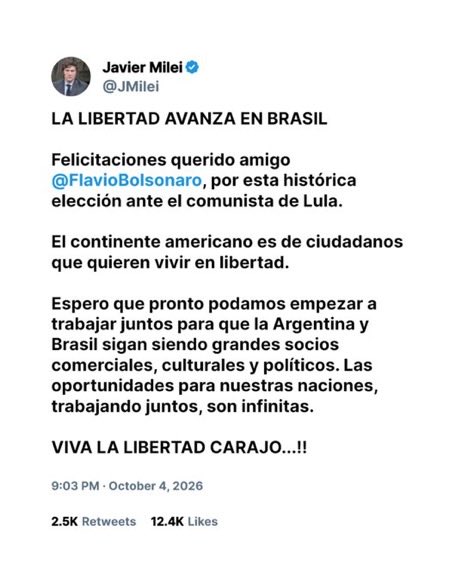 NewsLiberdade's tweet photo. 🚨AGORA - Milei comemora resultado do primeiro turno das eleições presidenciais do Brasil https://t.co/p7asTTHBI4