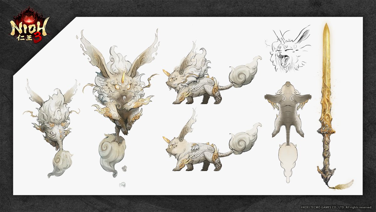 nioh_game's tweet photo. 【#仁王3アート】
#仁王3 に登場する守護霊や妖怪の設定原画を、開発秘話とともにご紹介

記念すべき第1回は、主人公の相棒となる守護霊「草薙」。
徳川家光の兎の図像から着想を得て、仁王的に再解釈したデザインです。

守護霊であり「草薙剣」でもある幼龍というコンセプトをもとに、
剣の角などを使って幼さの中にも凛々しさを表現。
愛らしさの中にも、神聖さや威厳が伝わるようなバランスにこだわりました。

特徴づけとして耳や尾の先端にアニメーションを加える案もありましたが、残念ながら没に…。
背中��小さな翼は気づきにくいかもしれませんが、ゲーム中ではぜひチェックしてみてください！

#Nioh3 #Nioh3Art