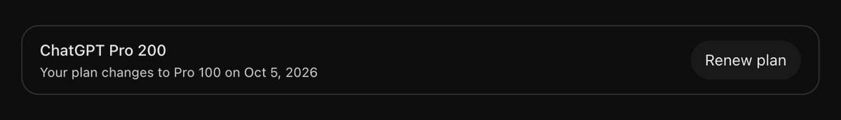 rscirl's tweet photo. Downgraded my ChatGPT Pro plan from 200 to 100. 

It used to be a steal getting 4x the usage for 2x the price, but now it’s just 2x the usage for the same cost. Honestly, it’s cheaper to just make a second account if I need more capacity. 

What’s everyone using as their main AI agent ?