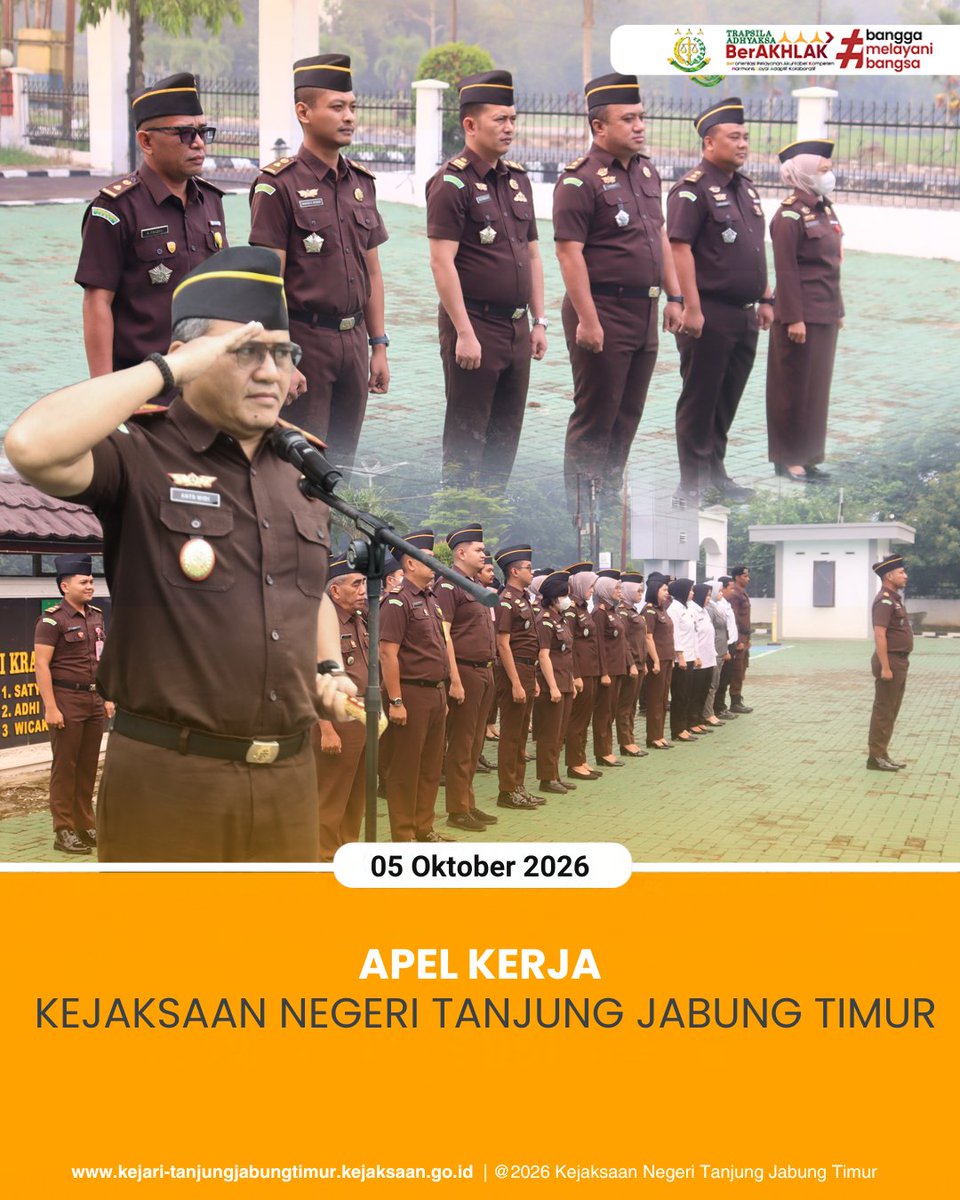 KejariTanjabTim's tweet photo. Senin, 05 Oktober 2026 pukul 07.30 Wib, bertempat di halaman Kantor Kejari Tanjab Timur telah dilaksanakan Apel Kerja yang dipimpin oleh Kepala Kejaksaan Negeri Tanjung Jabung Timur (Anto Widi Nugroho, S.H., M.H.) diikuti oleh jajaran pegawai dan PPNPN Kejari TanjabTimur. https://t.co/eqDH3KetzO