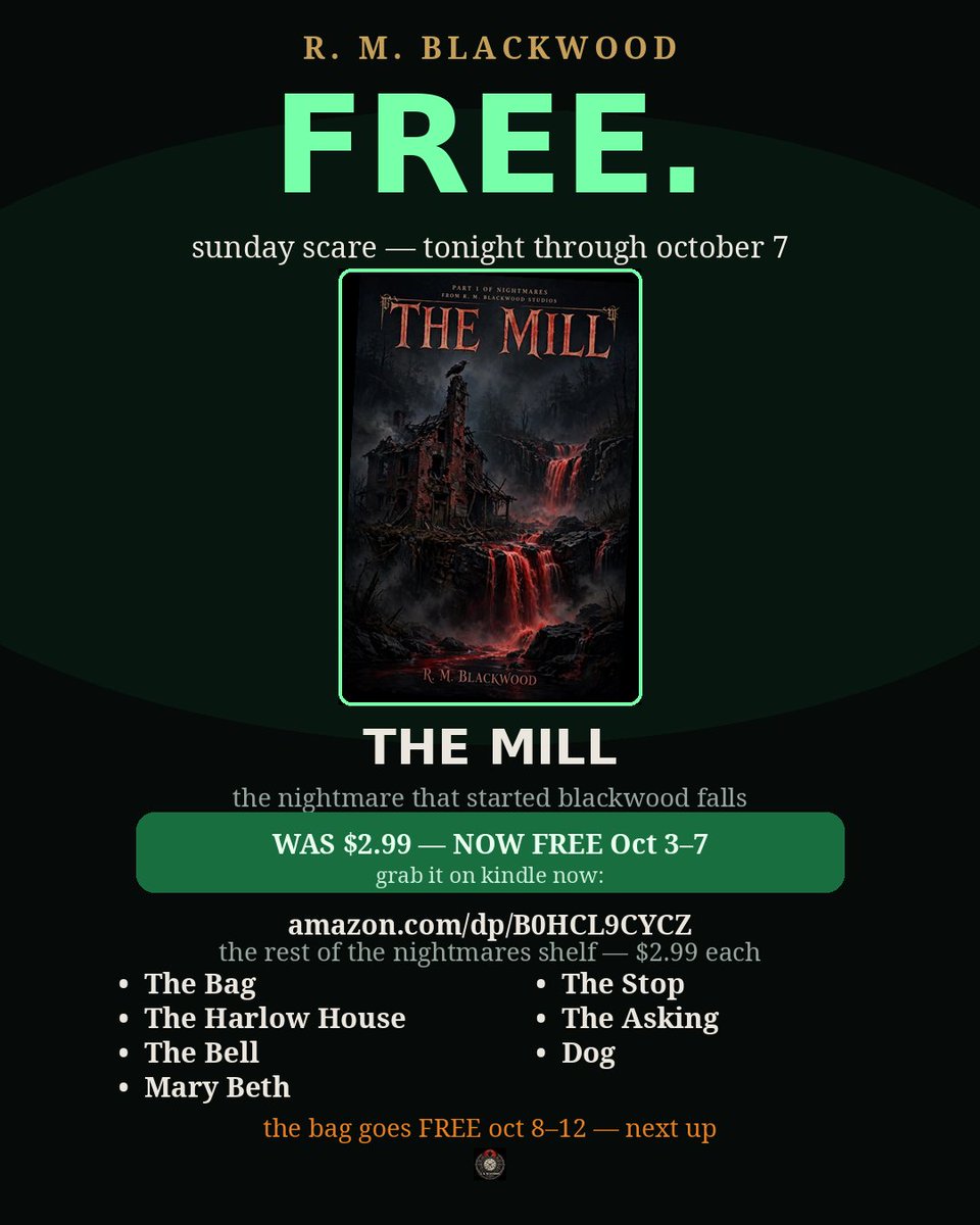 robertoashby8's tweet photo. sunday scare 👻 THE MILL is FREE on kindle tonight — oct 3–7 only 📚 https://t.co/F0Xx1hCwxR https://t.co/FDrExwNw1P