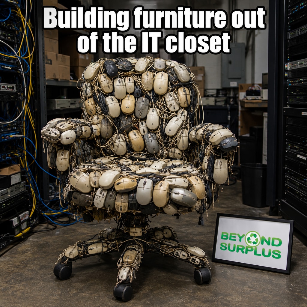 BeyondSurplus's tweet photo. Me when management says there's no budget for ergonomic chairs.
Every office has a cursed IT closet full of yellowing plastic and tangled cords from 2004. There is a better way to recycle your e-waste before it actually comes to this.
#ITproblems #EWaste https://t.co/LBp85D6sZa
