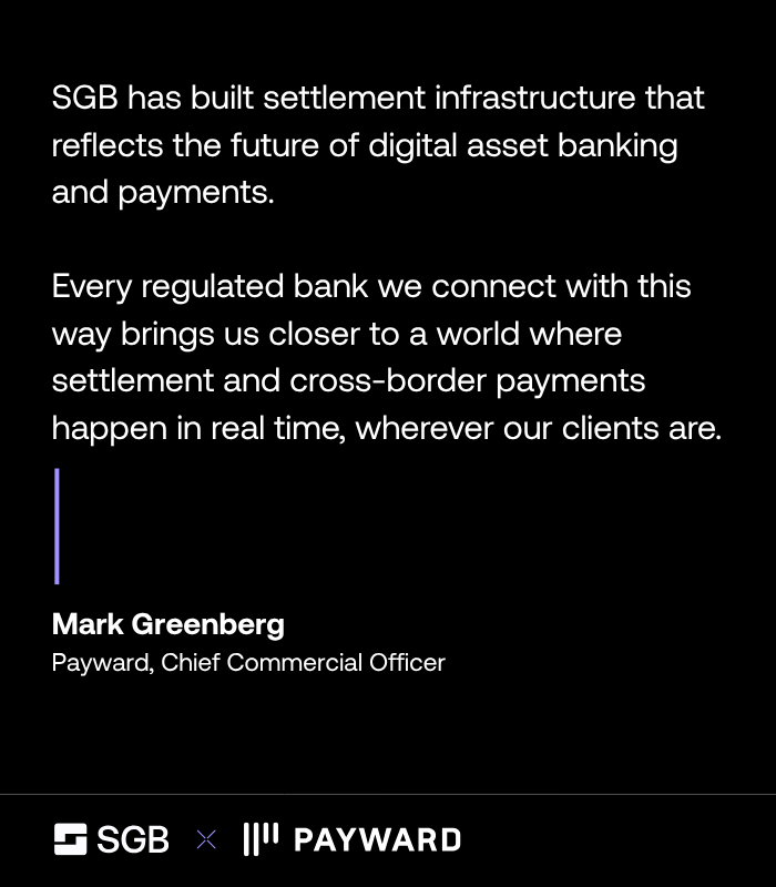 SGB_app's tweet photo. SGB has partnered with @Payward to bring 24/7 instant settlement to institutional digital asset markets across Asia and the GCC.

Through SGB Net, clients can move cash in real time at any hour. SGB is also collaborating with @KrakenPrimeHQ to access liquidity for its digital asset offerings, giving institutional clients deeper markets and reliable execution around the clock.

Read the announcement → https://t.co/jMrLOJANDJ