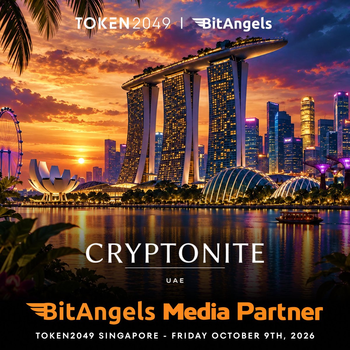 BitAngels's tweet photo. Dubai's crypto newsroom is covering BitAngels Singapore. Cryptonite UAE joins as a media partner.

@CryptoniteUae has been media partner to Consensus and WebX Asia, and now brings that same reach to our @TOKEN2049 week edition. For a region that has become one of crypto's most important hubs, they're the outlet people read first.

If you're in town that week, be where the story is being written.

📅 Friday, October 9, 2026 | 10:45 AM – 2:30 PM SGT
🎟️ Secure your seat: https://t.co/Em1oF2GTzq