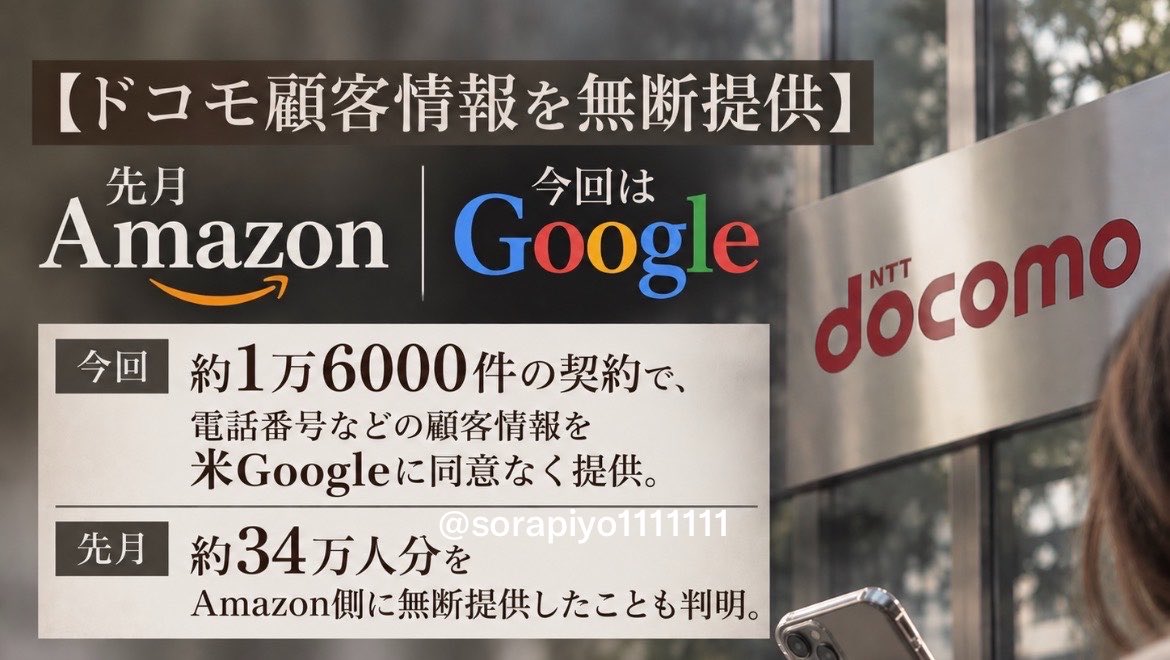 sorapiyo1111111's tweet photo. 【ドコモ顧客情報を2ヶ月連続、無断提供】
先月Amazon、今回はGoogle！
ドコモ、何してんの？

【NTTドコモ】
約1万6000件の契約で、
電話番号などの顧客情報を
米Google側に同意なく提供。

先月には約34万人分を
Amazon側に無断提供したことも判明。

2カ月連続って…
個人情報、大丈夫？ https://t.co/fdtHtJ6gL2