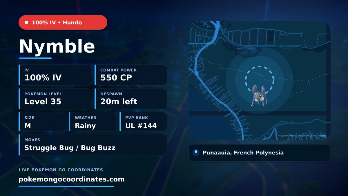 CoordsPokemonGo's tweet photo. #Nymble Wild Spawns
💯% IV • 550 CP • Level 35
Despawns in 20m
📍 -17.639414,-149.600024
#100IVLevel35 • #PokemonGOCoordinates https://t.co/LKtiLhihle