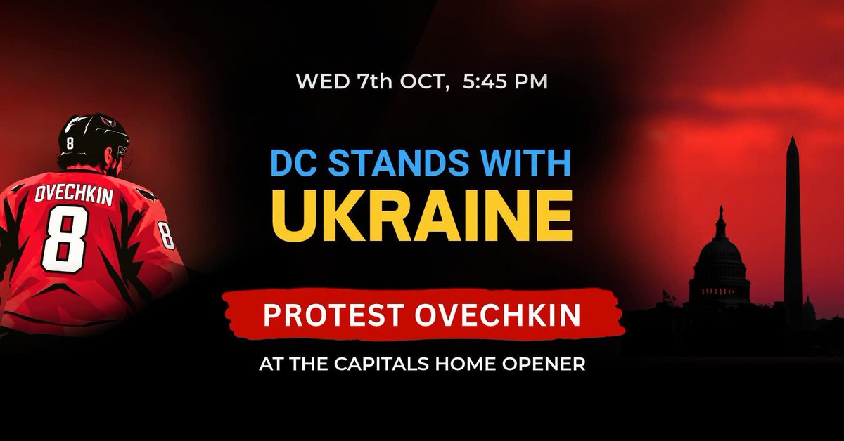 Community4UKR's tweet photo. Local DC area folks will rally outside the Capital's season opener, in protest at team captain Ovechkin campaigning for Vladimir Putin. 

- Wed Oct 7, 5:45 pm
- Capital One Arena, Washington DC

Details and updates:
https://t.co/4TGpyyBaIC https://t.co/SsCaYYliWn