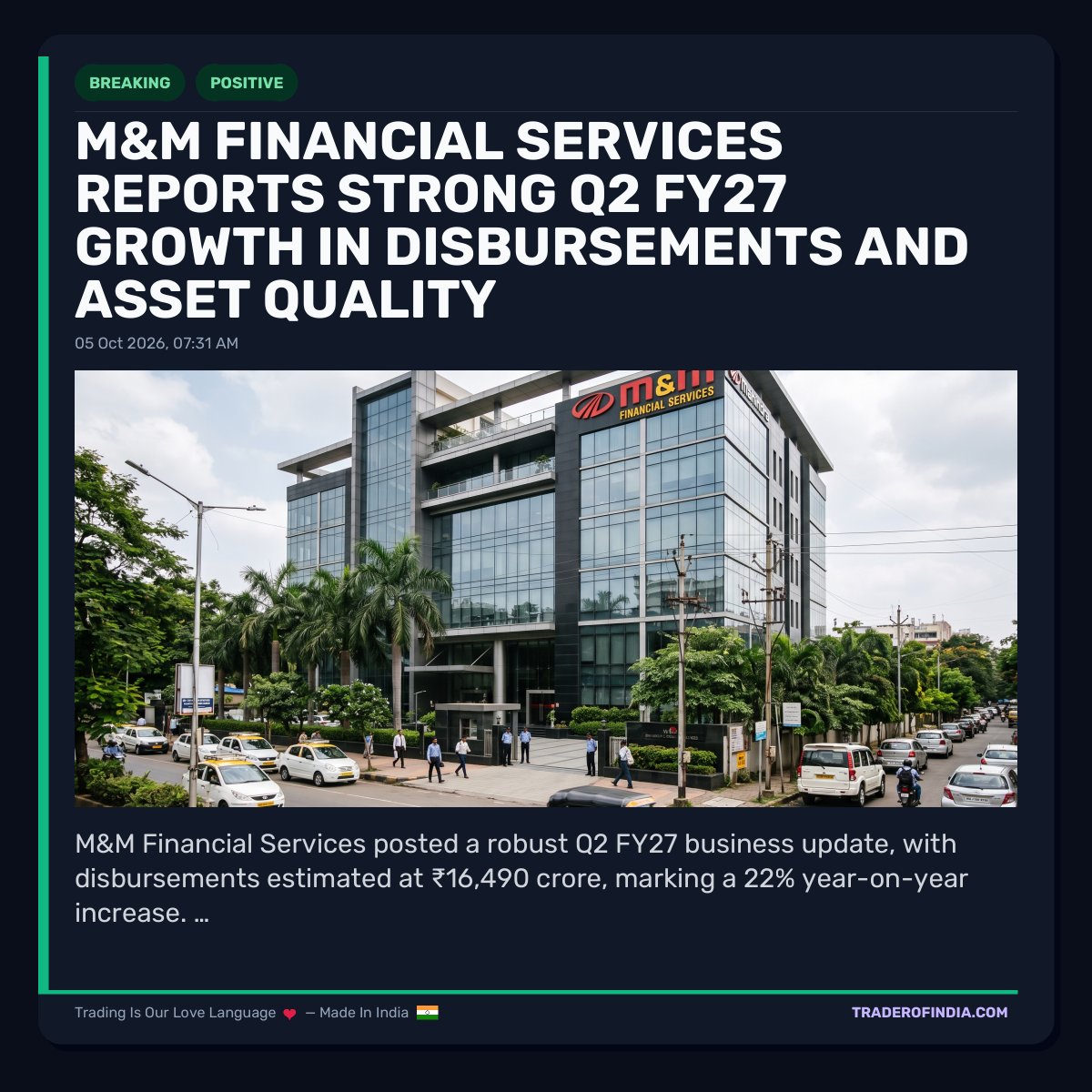 Trader_Of_India's tweet photo. M&M Financial Services Reports Strong Q2 FY27 Growth in Disbursements and Asset Quality
#mandmfinancial #q2results #assetgrowth #disbursements #nbfc #financialresults #indiabusiness #assetquality #disbursementgrowth #financialupdate #liquidity #indiafinance #toi #traderofindia https://t.co/MmxUHKbeTa