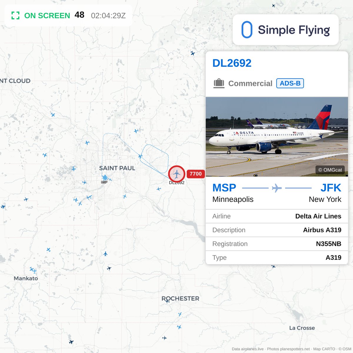 FlighttrackerSF's tweet photo. Delta Air Lines flight DL2692, an Airbus A319 from MSP to JFK, is squawking 7700 over the United States.

https://t.co/uI2MIYbsp1 https://t.co/CiVZC8kpx2