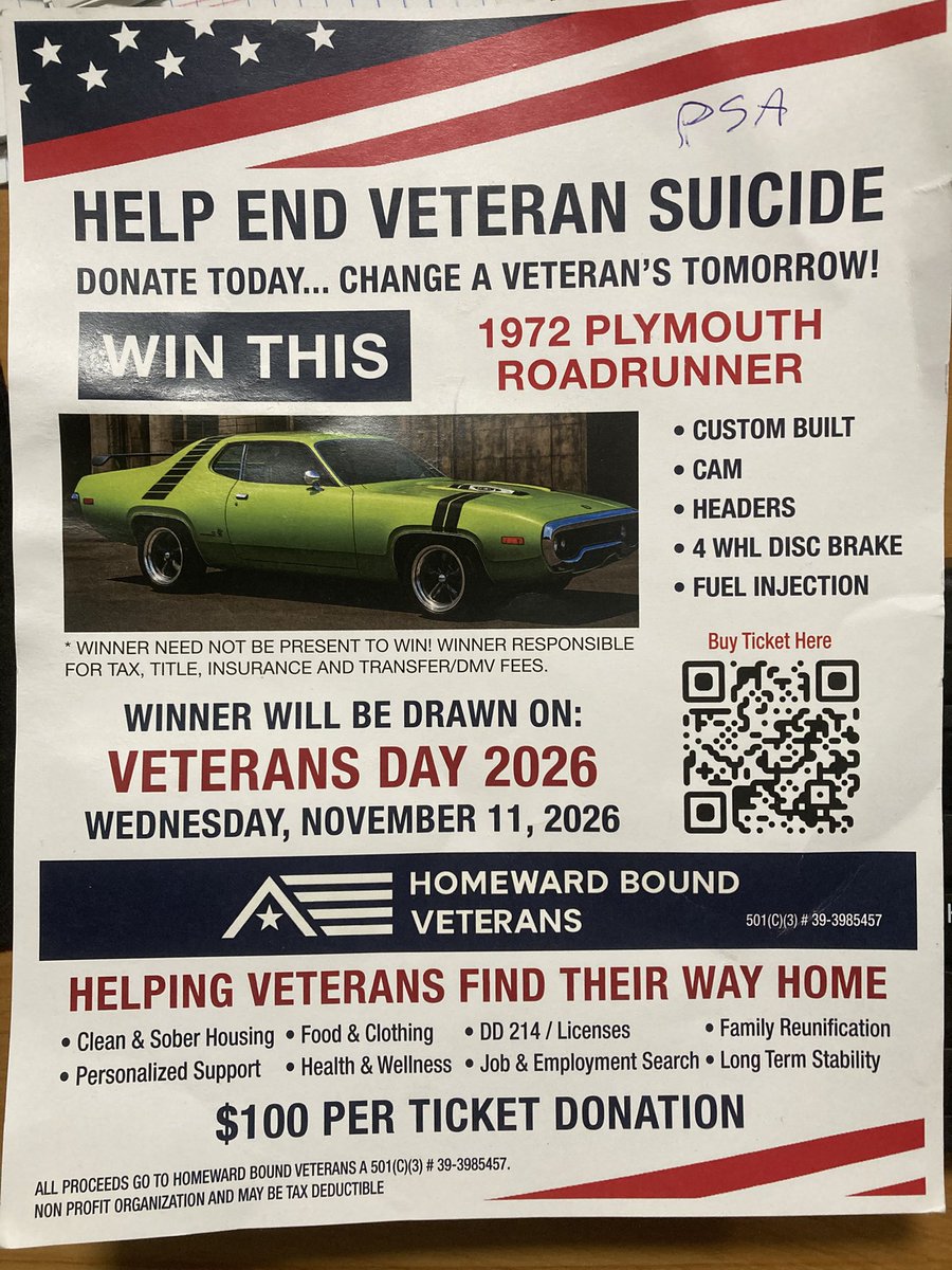 ClassicGuitarR1's tweet photo. #CGRradio proudly supports the Homeward Bound Veterans organization. They are giving away this awesome 72 Roadrunner on November 11. Scan the QR code to purchase your ticket! #spokane https://t.co/09xMr0ERCe