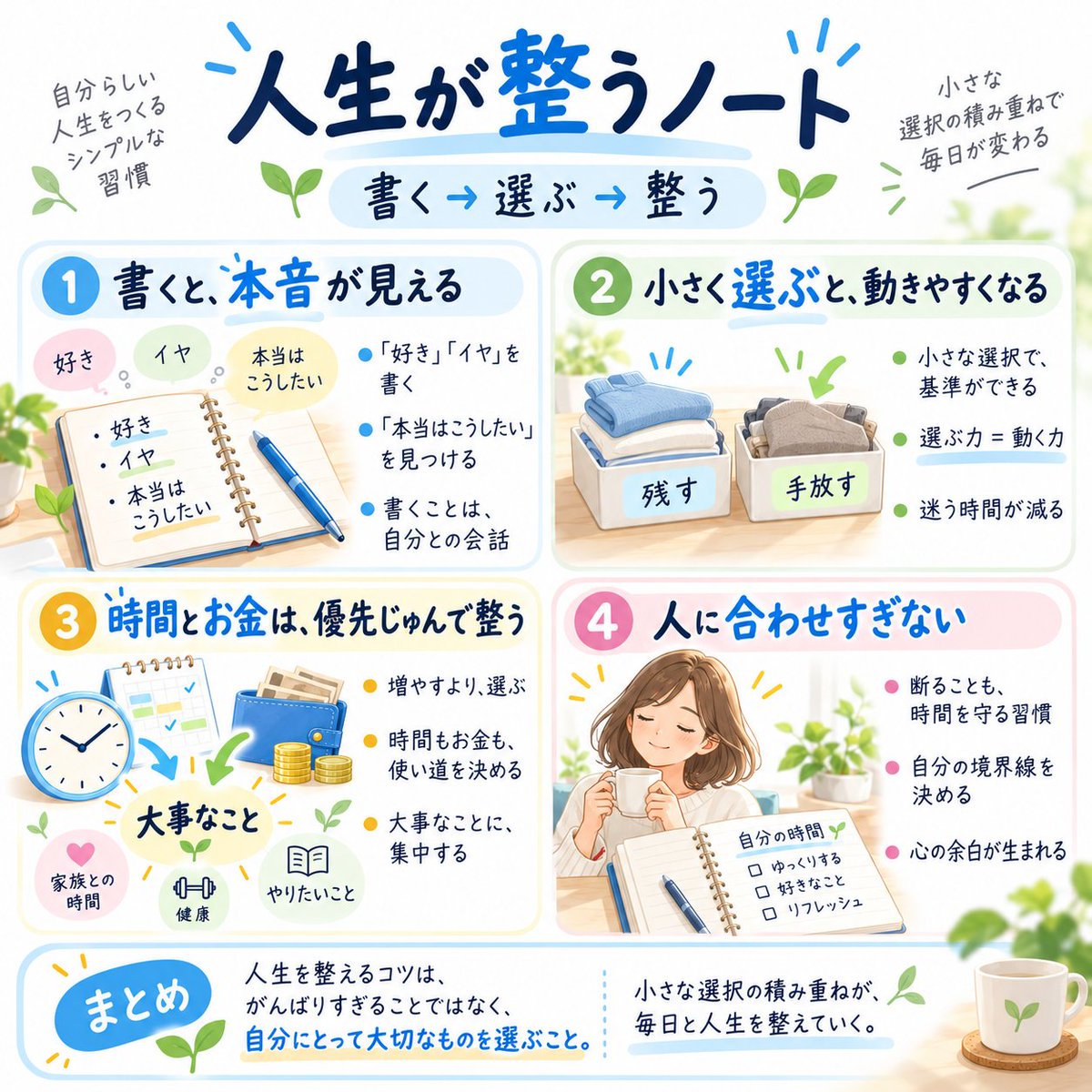 yukihonya's tweet photo. 1日を終える前に、
ノートへ1行だけ。

「今日は、自分で選べた？」

人に合わせすぎなかったか。
時間を大事なことに使えたか。
本音を後回しにしなかったか。

人生は、大きな決断より
"毎日の小さな選択"で整っていく。

明日を少しラクにするヒントはこちら👇 https://t.co/8jHzYSnapS