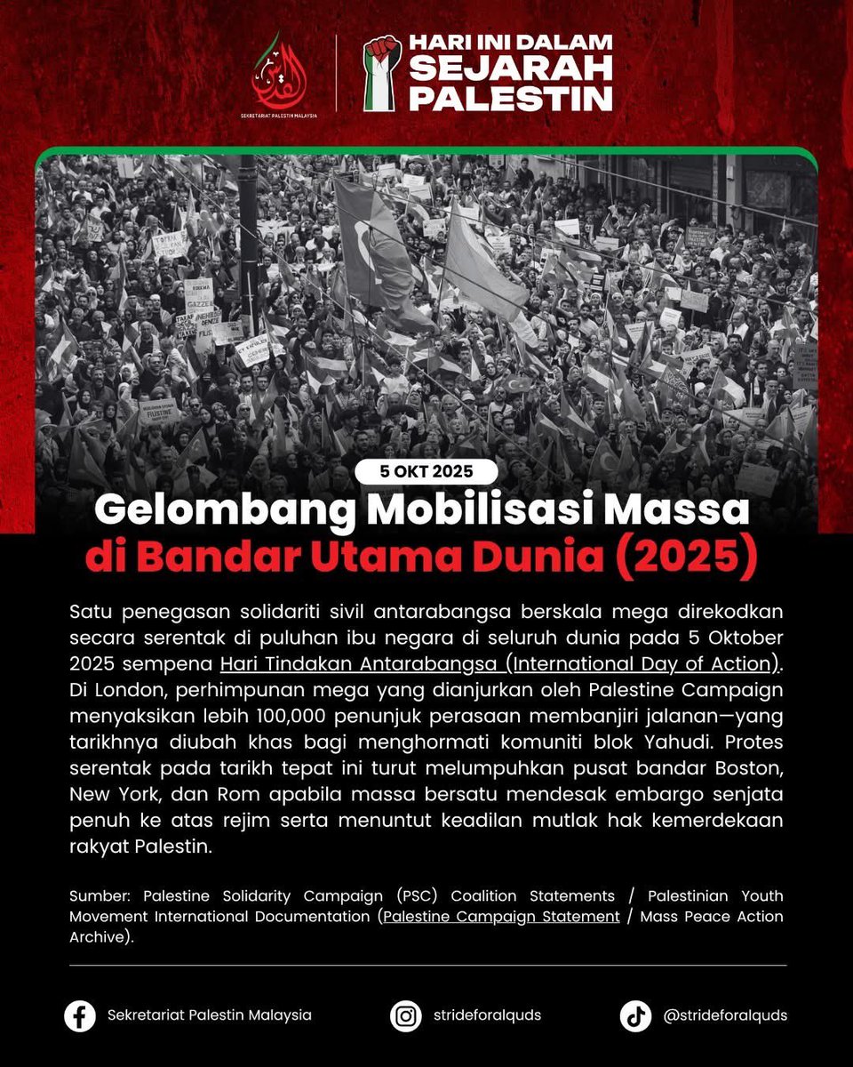 Stride4Alquds's tweet photo. 📅 5 OKT – HARI INI DALAM SEJARAH PALESTIN

🪖 5 Okt 2024 — Bermulanya Kepungan Ketat dan Penjarahan Semula Jabalia

⏳ 5 Okt 2025 — Tarikh Akhir (Deadline) Pelan Damai 20-Point

🌍 5 Okt 2025 — Gelombang Mobilisasi Massa di Bandar Utama Dunia https://t.co/WmmhiMZrfq