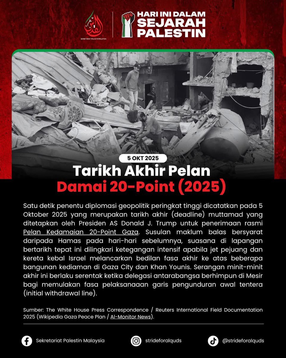 Stride4Alquds's tweet photo. 📅 5 OKT – HARI INI DALAM SEJARAH PALESTIN

🪖 5 Okt 2024 — Bermulanya Kepungan Ketat dan Penjarahan Semula Jabalia

⏳ 5 Okt 2025 — Tarikh Akhir (Deadline) Pelan Damai 20-Point

🌍 5 Okt 2025 — Gelombang Mobilisasi Massa di Bandar Utama Dunia https://t.co/WmmhiMZrfq