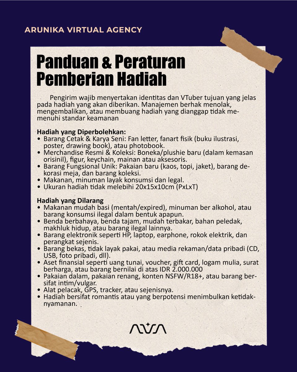ArunikaVirtual's tweet photo. PANDUAN &amp; PERATURAN PEMBERIAN HADIAH🎁

Bagi yang ingin memberi hadiah kepada VTuber di booth CF23 AVA, mohon untuk cek terlebih dahulu panduan &amp; peraturan terbaru yang tertera.

#ArunikaVirtualAgency #AVA #ComicFrontier23 https://t.co/dnfpIqkLRT