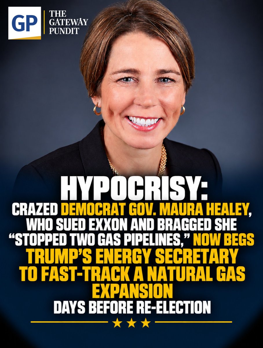 gatewaypundit's tweet photo. Far-left Massachusetts Governor Maura Healey, the same Democrat who sued ExxonMobil over climate change and once boasted that she stopped gas pipelines from entering the state, is now pleading with the Trump administration to rush federal permits for a natural gas pipeline expansion.

Healey sent a letter Thursday to Energy Secretary Chris Wright urging the administration to speed reviews and permits for Enbridge’s Algonquin Reliable Affordable Resilient Enhancement project, known as RARE, according to her office and CommonWealth Beacon.

Read the rest of the story, link in the comments.