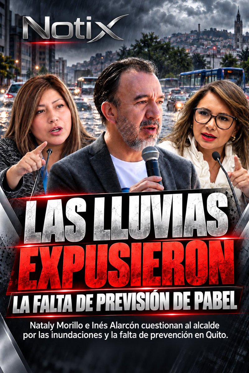 NotixMedia's tweet photo. 🌧️ #Quito 🇪🇨 | Las fuertes lluvias volvieron a poner en aprietos a la capital y encendieron las críticas contra la gestión del alcalde Pabel Muñoz.

Las asambleístas Nataly Morillo e Inés Alarcón cuestionaron la falta de prevención y planificación municipal después de una jornada con calles inundadas, pasos deprimidos cerrados, vehículos atrapados y graves complicaciones en el tránsito.

Morillo señaló que Quito “no puede evitar la lluvia, pero sí puede estar preparada para enfrentarla” y pidió respuestas sobre el drenaje, el mantenimiento de la ciudad y el retraso de varias obras.

Alarcón fue más dura y acusó al alcalde de “ineficiencia” y “negligencia”, afirmando que no se tomaron suficientes medidas preventivas frente a las inundaciones.

Las lluvias no se pueden controlar, pero la preparación de una ciudad sí puede planificarse. Ahora, los cuestionamientos apuntan a si Quito estuvo realmente lista para enfrentar esta emergencia 🚨. 

Notix | Noticias claras, datos reales.