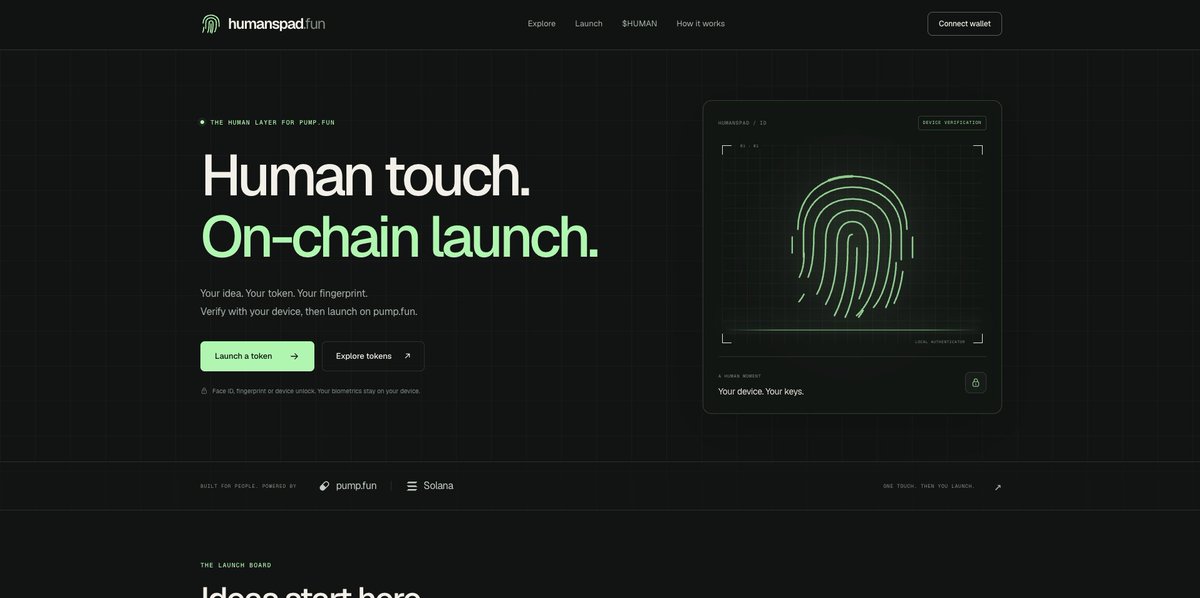 humanspad's tweet photo. Introducing HUMANSPAD.

The human layer for Solana launches.

Humanspad lets anyone turn an idea into an on-chain token launch with a simple human verification step.

Connect your Solana wallet.

Verify with Face ID, fingerprint, or device unlock.

Add your token. https://t.co/KZGW5i8rFB