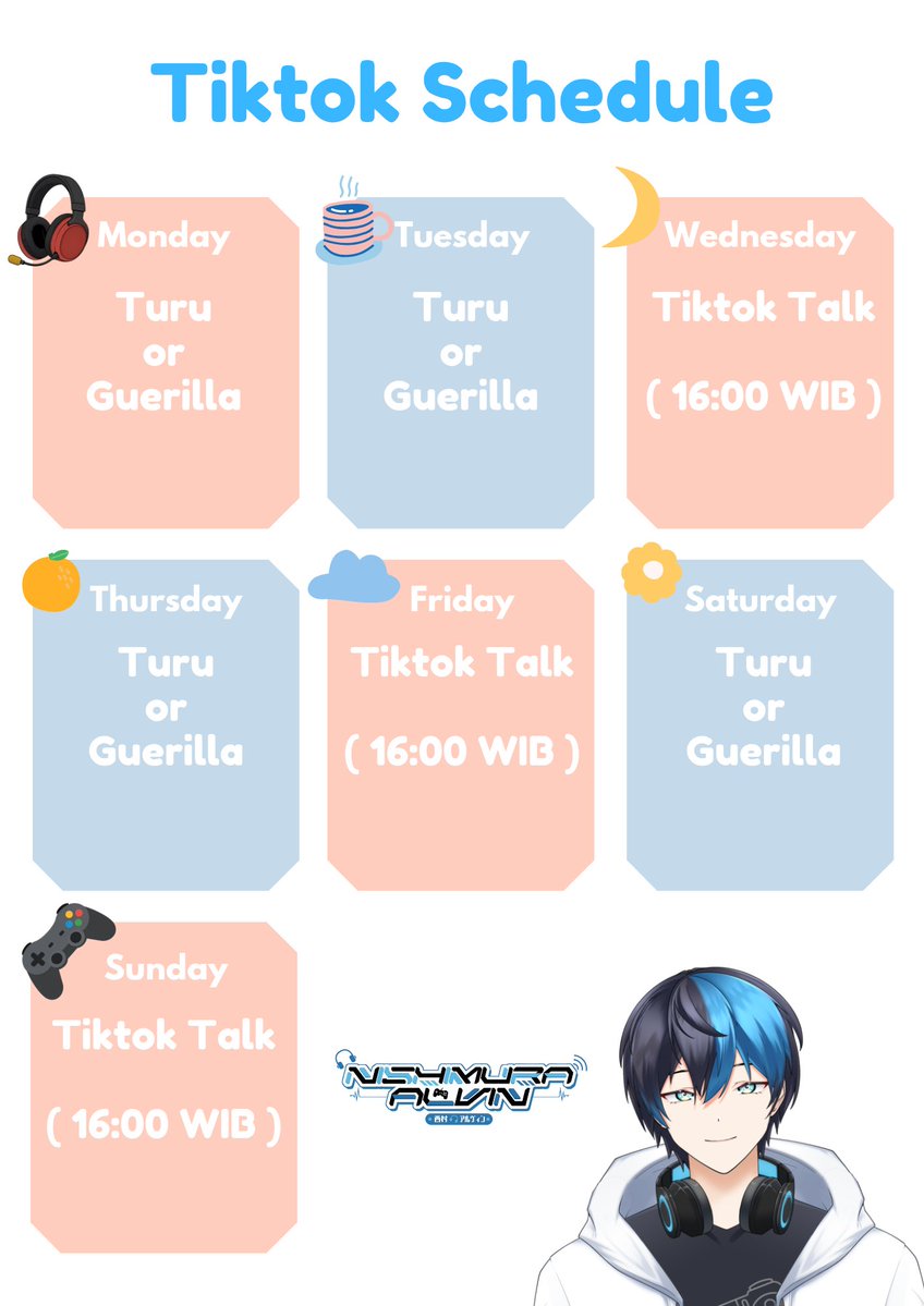 nishimuraalvin's tweet photo. jadwal guys
Hashtags
General: #NishimuraAlvin
Live: #NoLive
Fanart: #ArtVin
Memes: #PinMeme
NSFW: #Nolepara
Fan name: #Nolepin
#VTuber #VTuberIndonesia #VTuberID https://t.co/sEszfhdELt