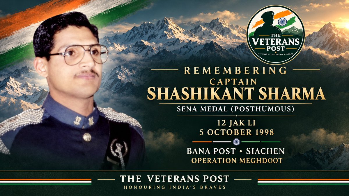 TheVeteransPost's tweet photo. 28 years on, we remember Captain Shashikant Sharma, Sena Medal (Posthumous), of 12 JAK LI, who defended Bana Post despite grievous injuries and made the supreme sacrifice on 5 October 1998 in Siachen.
#IndianArmy #OpMeghdoot #TheVeteransPost https://t.co/bzC4rgyLyP