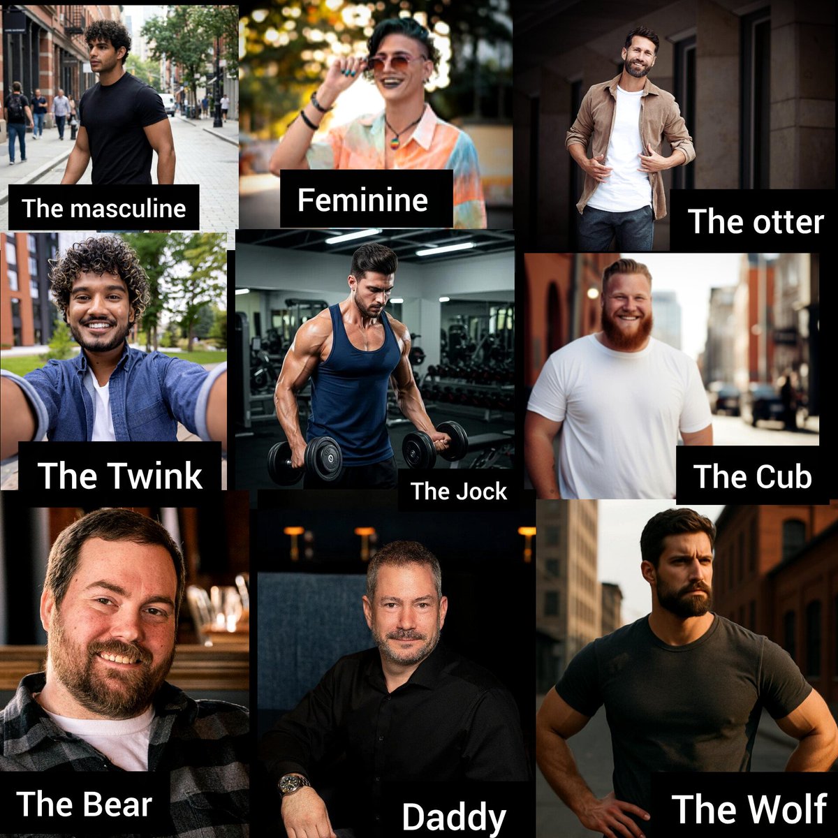 Hanny4190's tweet photo. In The Gay Community, There Are Different Types of Gay Men 🏳️‍🌈

1. Masculine gay man

2. Feminine

3. The otter

4. The Twink

5. The Jock

6. The Cub

7. The Bear

8. Daddy

9. The Wolf

Which of the gay man are you? https://t.co/s2PKZjeUFV