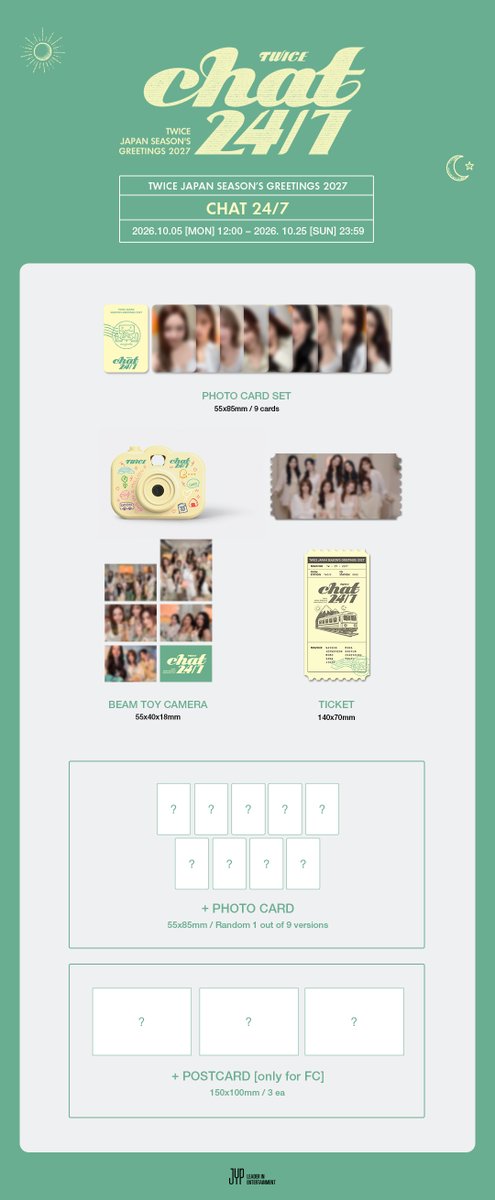 JYPETWICE_JAPAN's tweet photo. TWICE JAPAN SEASON’S GREETINGS 2027
”CHAT 24/7”

🚂PRE-ORDER
10月5日(月) 12:00 ~ 10月25日(日) 23:59

🎟️詳細はこちら
https://t.co/jeDstOe0l9

#TWICE
#TWICE_CHAT247 https://t.co/5OUyNYEBqJ