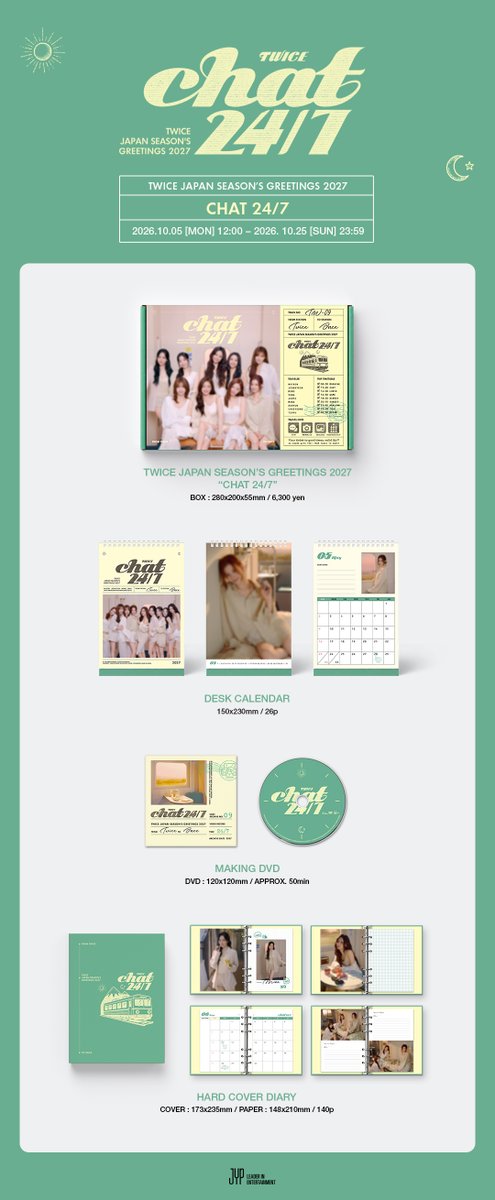 JYPETWICE_JAPAN's tweet photo. TWICE JAPAN SEASON’S GREETINGS 2027
”CHAT 24/7”

🚂PRE-ORDER
10月5日(月) 12:00 ~ 10月25日(日) 23:59

🎟️詳細はこちら
https://t.co/jeDstOe0l9

#TWICE
#TWICE_CHAT247 https://t.co/5OUyNYEBqJ