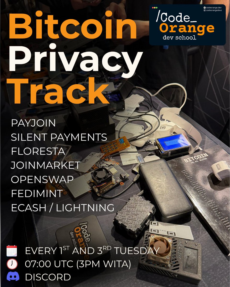 CodeOrangeDevs's tweet photo. Every 2 weeks we will cover topics such as @payjoindevkit Silent Payments, @getfloresta @joinmarket OpenSwap @citadelfoss @fedimint @CashuBTC and more.

Starting tomorrow 07:00 UTC on Discord. See you there! https://t.co/sayyzgZsmL