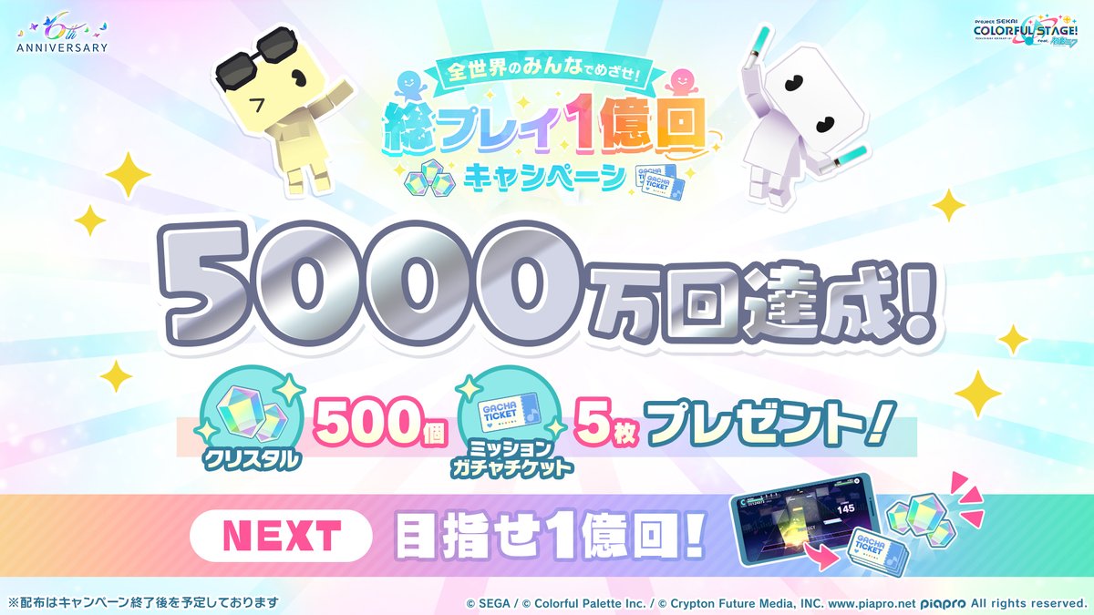 pj_sekai's tweet photo. 総プレイ1億回キャンペーン 開催中🌎

全世界でのライブプレイ回数が5000万回に到達しました🎉
たくさん遊んでいただきありがとうございます✨

詳細はこちら👉
https://t.co/0QMRhIRKJi

#プロセカ #SEKAIanniversary https://t.co/WtkhVqzXz0