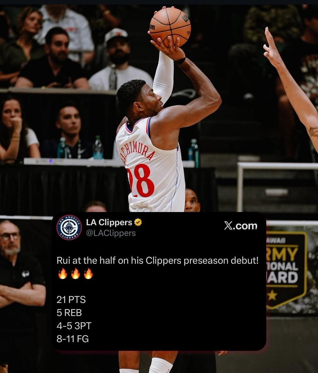 des93782's tweet photo. ๐ RUI HACHIMURA AT HALFTIME
21 PTS
5 REB
4 AST
4 STL
8/11 FG
4/5 3PT
First preseason game as a Clipper.
Rui is ON FIRE. ๐ฅ
#NBA #HoopsANDPicks #RuiHachimura #Preseason @LAClippers @rui_8mura https://t.co/oA4UMa1pAK