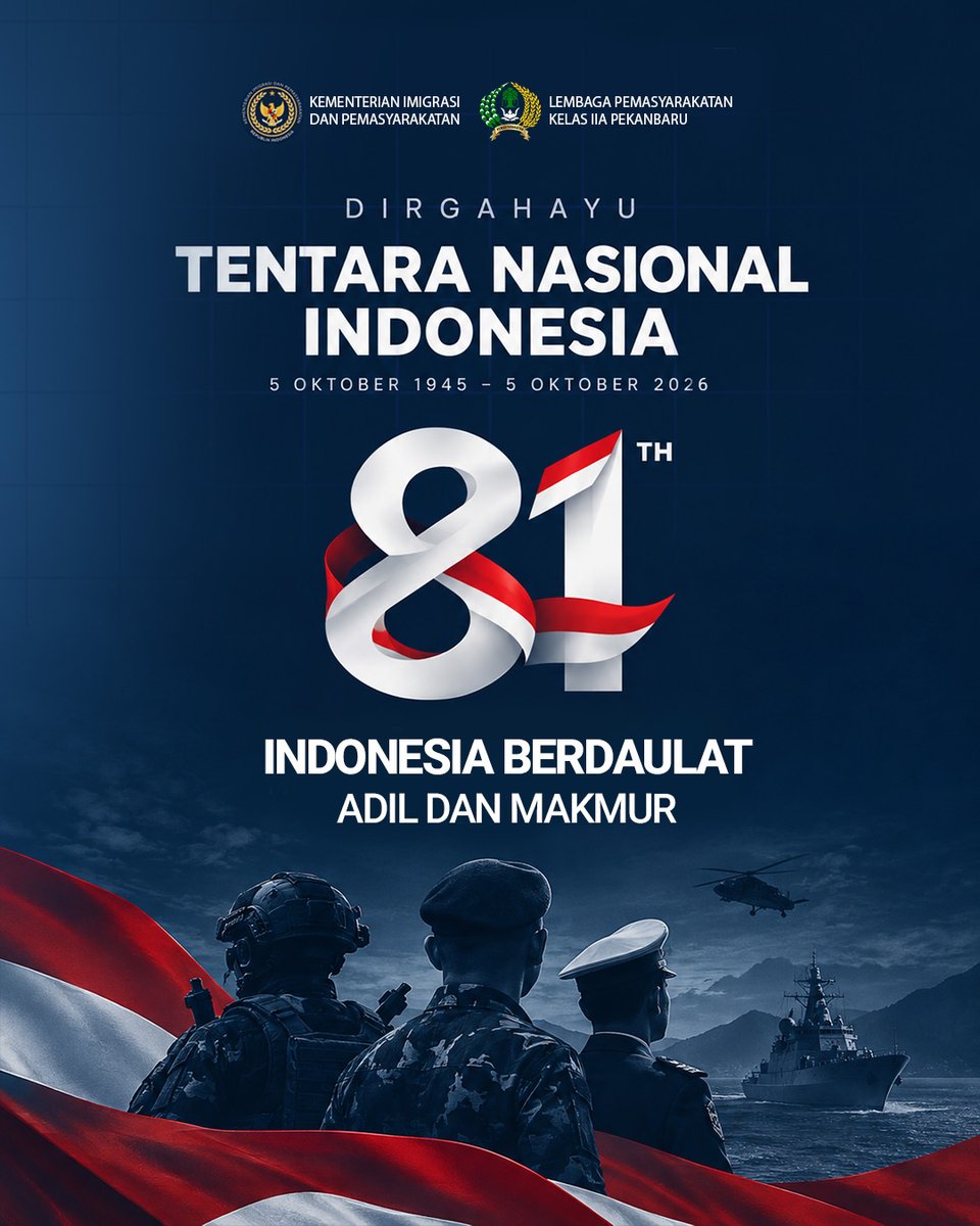 go_lpd's tweet photo. 🇮🇩 DIRGAHAYU TNI KE-81 🇮🇩

81 tahun pengabdian dalam menjaga kedaulatan dan keutuhan Negara Kesatuan Republik Indonesia. Terus kobarkan semangat juang, profesionalisme, dan pengabdian bersama rakyat.

“TNI Kuat Bersama Rakyat, Indonesia Berdaulat, Adil dan Makmur.”

#HUTTNI81 https://t.co/HFbvdJjyYO