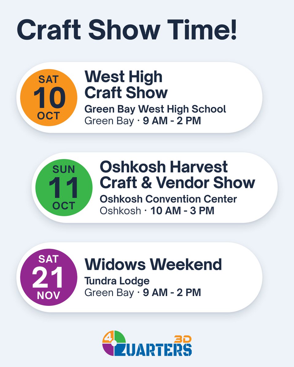 4Quarters3D's tweet photo. Craft show time! 🍂

Oct 10: West High Craft Show, Green Bay. 9 AM - 2 PM
Oct 11: Oshkosh Harvest Craft &amp; Vendor Show, Oshkosh Convention Center. 10 AM - 3 PM
Nov 21: Widows Weekend, Tundra Lodge, Green Bay. 9 AM - 2 PM

Message us!

https://t.co/hOXvVpTmq0 https://t.co/R1I18eiwqZ