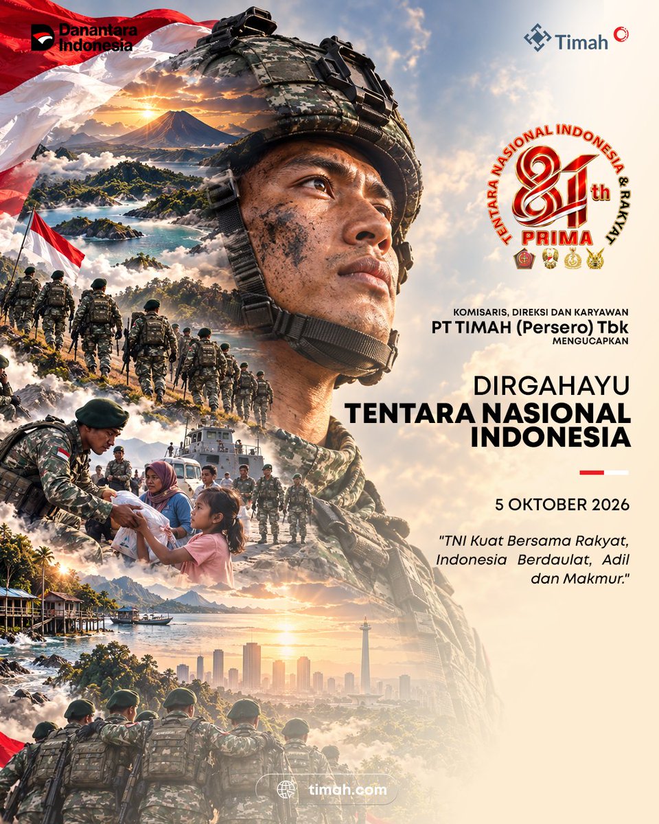 Official_TIMAH's tweet photo. Dirgahayu ke-81 Tentara Nasional Indonesia 🇮🇩

“TNI Kuat Bersama Rakyat, Indonesia Berdaulat, Adil dan Makmur.”

Semoga TNI senantiasa menjadi kekuatan yang menjaga kedaulatan, melindungi rakyat, dan bersama-sama membangun Indonesia yang aman, adil, serta sejahtera.

#HUTTNI81 https://t.co/8kIRHkIFUG